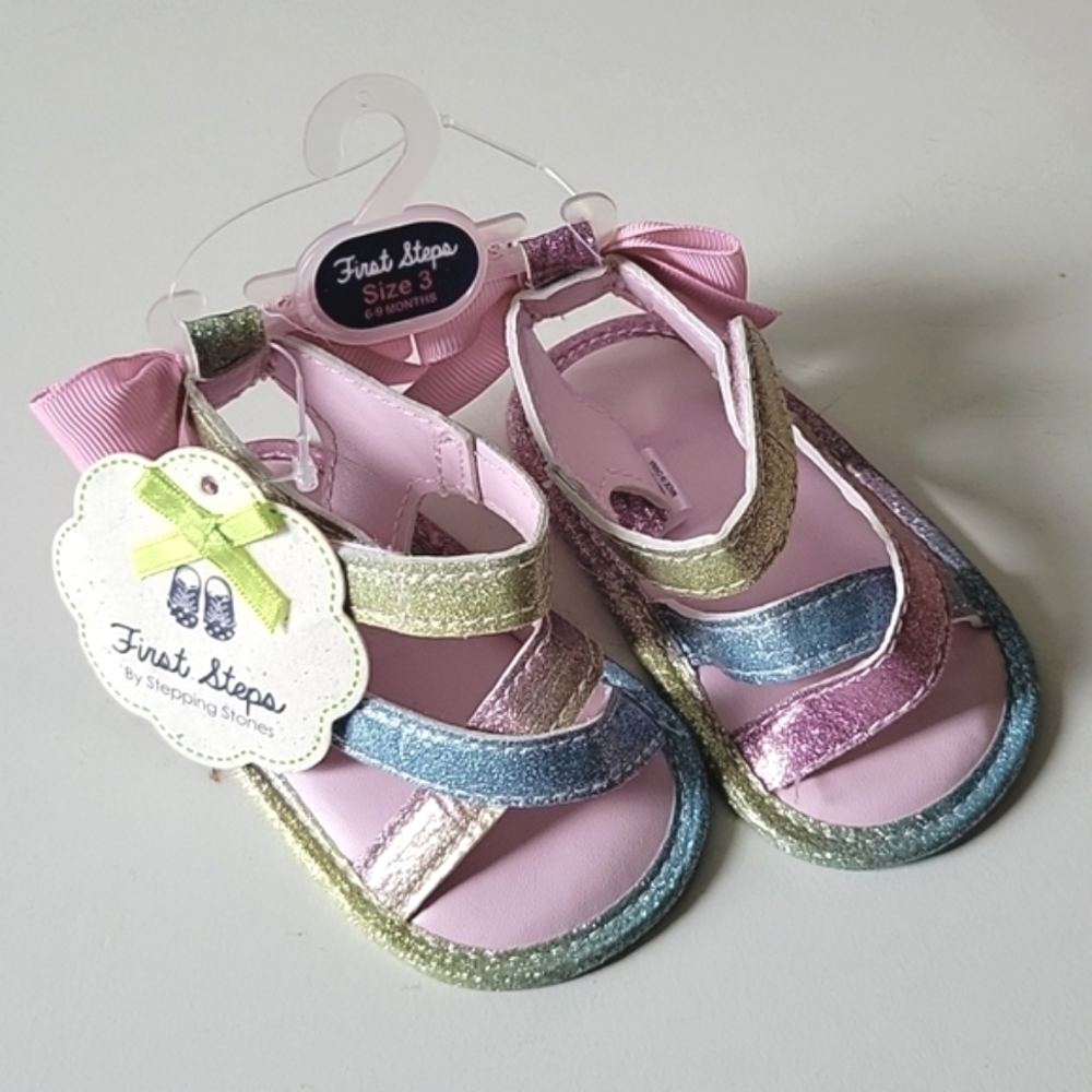 NWT Size 3 Toddler Baby Girl Rainbow Strap Pink Bow 6-9 Month Sandles